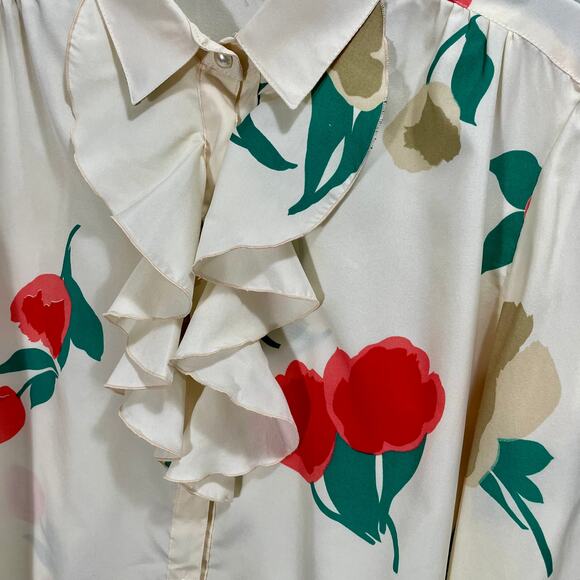 Vintage 70s Wilroy Traveler Brownstone Studio Ruffle Floral Button Collared Top - Picture 3 of 10